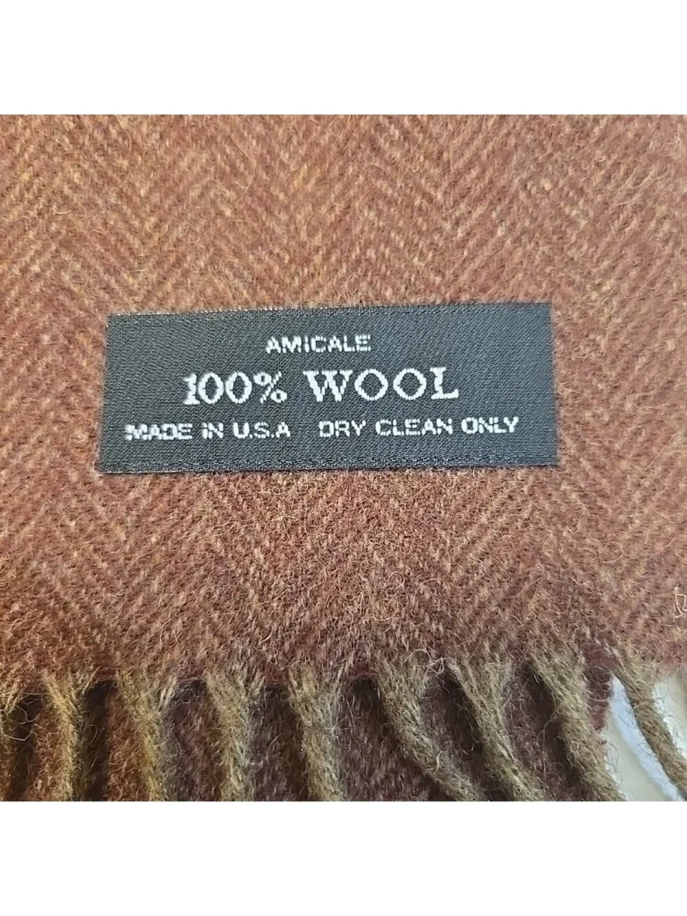Vintage Amicale 100% Wool Scarf Brown Herringbone Chevron Fringe Made in USA